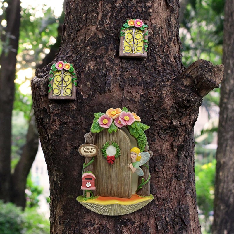 IMOFEE Fairy Door and Windows Garden Kit Accessories Outdoor, Glow in Dark Gnome House for Tree, Lawn Yard Art Sculpture, Miniature Garden Decor (Fairy) - Image 2